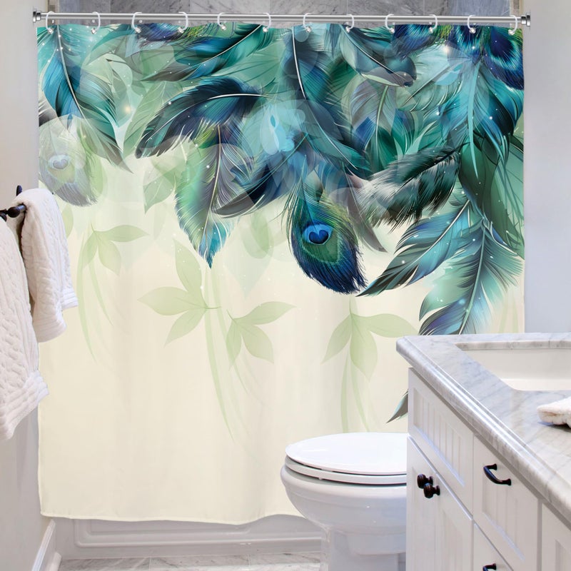 Riyidecor Teal Peacock Turquoise Feather Shower Curtain for Bathroom Decor 72Wx72H Inch Watercolor Green Leaf Bathtub Accessories for Women Girl Vintage Floral Panel Set Fabric Waterproof 12 Pack Hook - Image 4